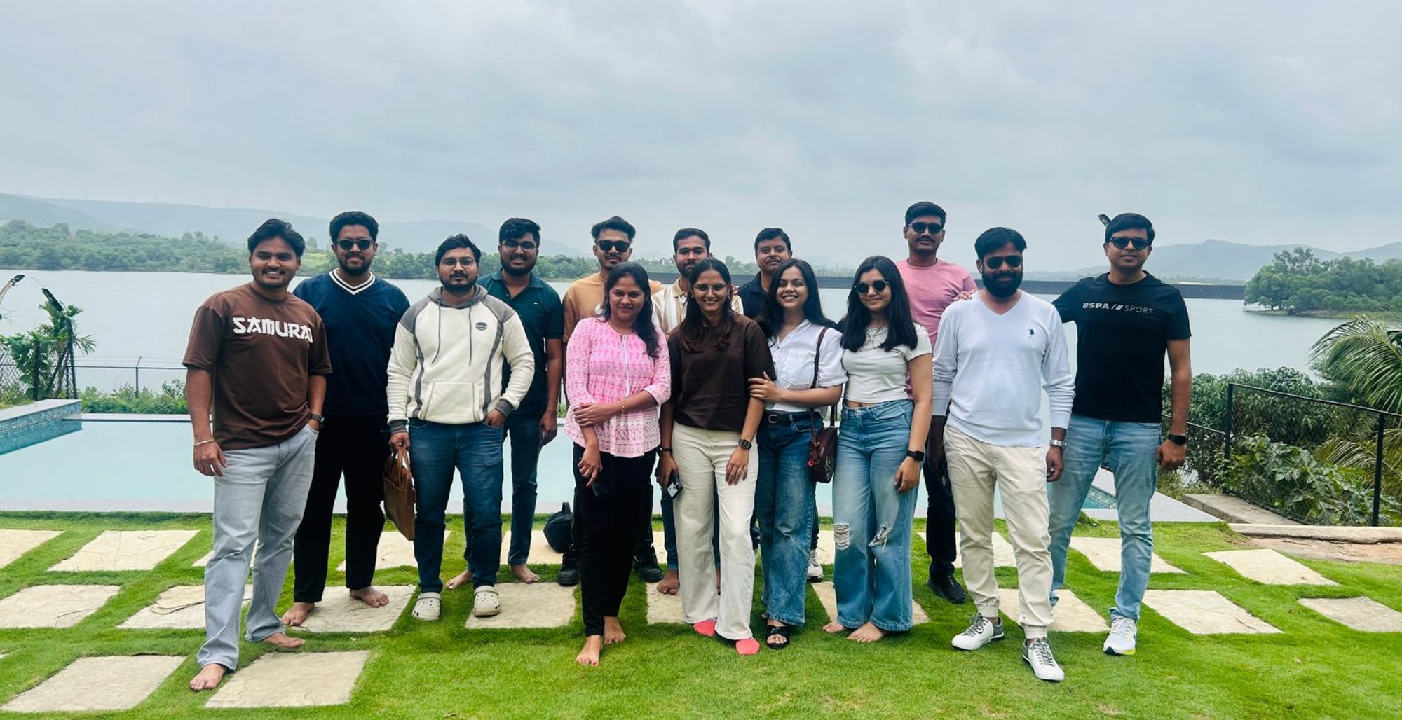 The team at a lakeside offsite