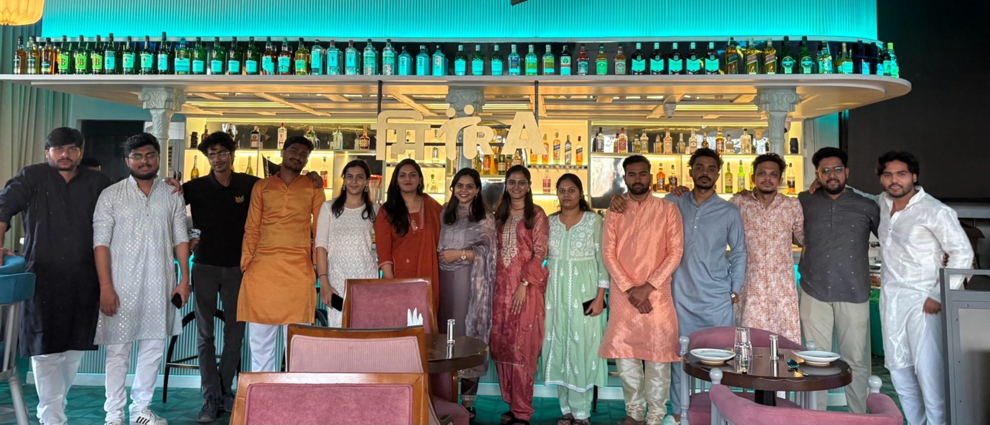 The team at an evening celebration