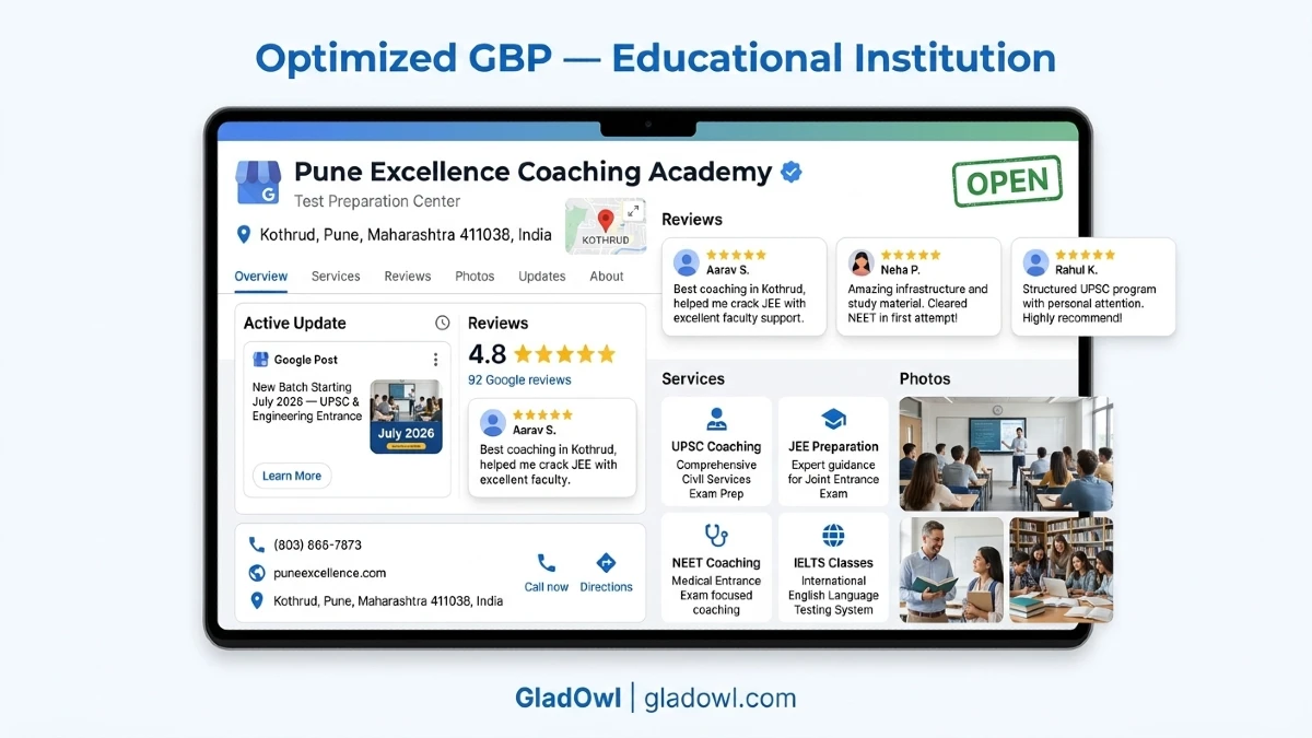 Optimized Google Business Profile for a Pune coaching institute showing active admission posts, student reviews, and individual course service listings