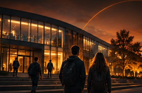 Students walking into a campus building at dusk
